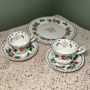Waldman House A cup of Christmas Tea Lot 10.5" Plate/ 2 Tea Cup & Saucer Sets